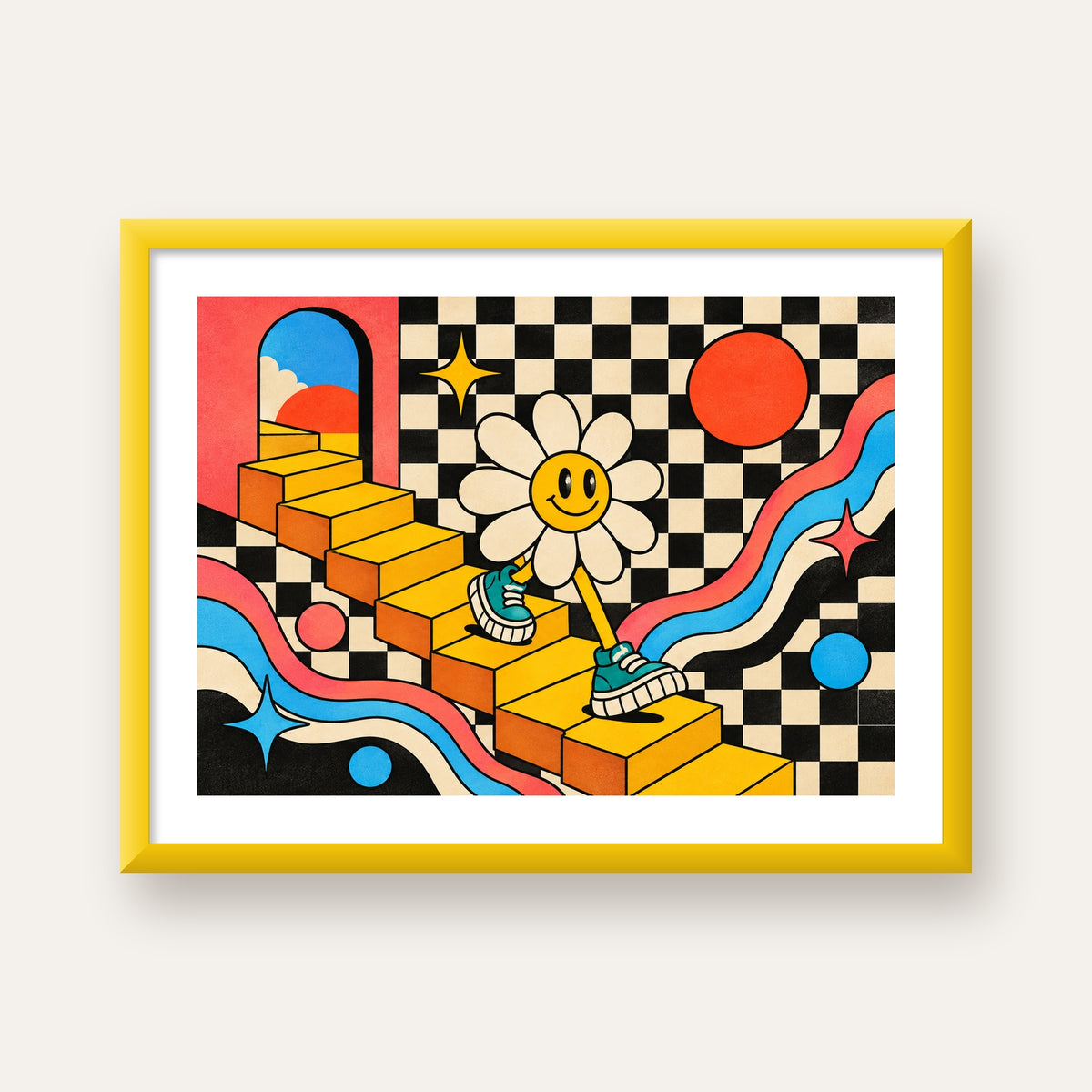 Retro Çizgi Stilde Sürreal Çiçekli Poster – Renkli Dijital Sanat — sarı çerçeveli paspartulu