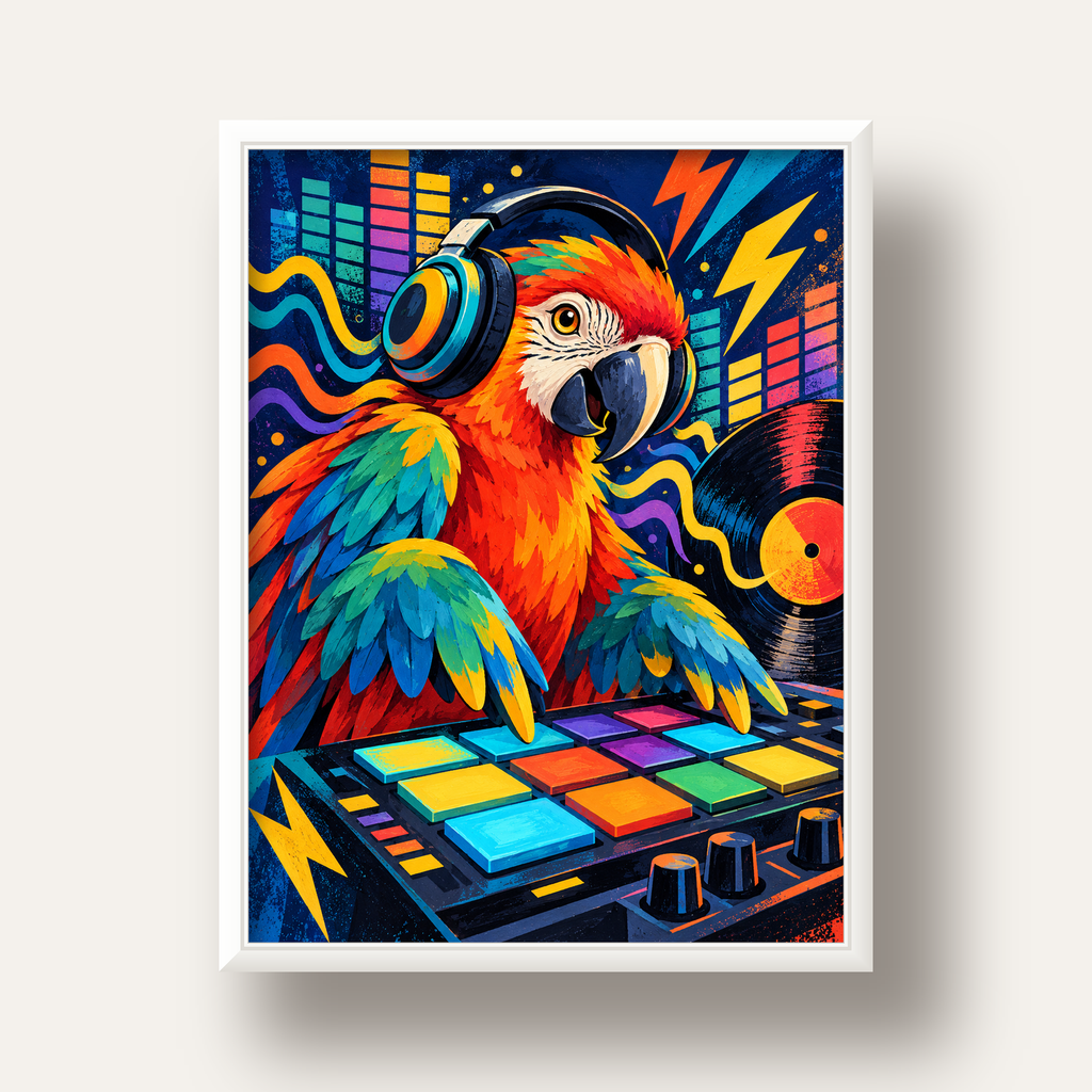 DJ Papağan Renkli Müzik Poster – Dinamik Dijital Sanat — beyaz derin çerçeveli
