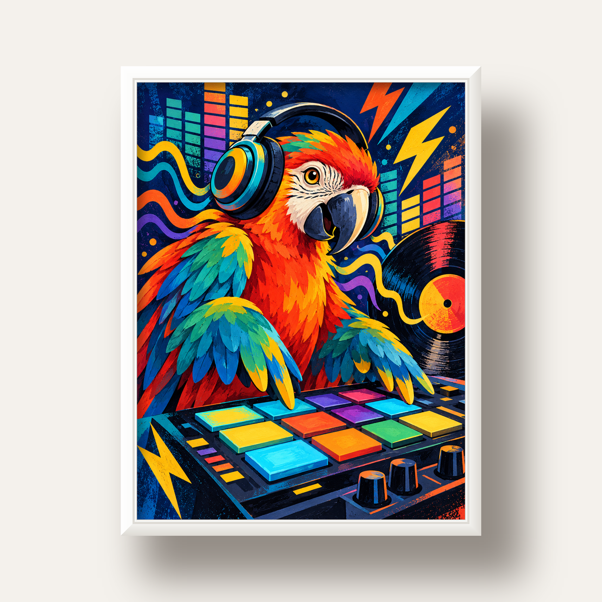 DJ Papağan Renkli Müzik Poster – Dinamik Dijital Sanat — beyaz derin çerçeveli