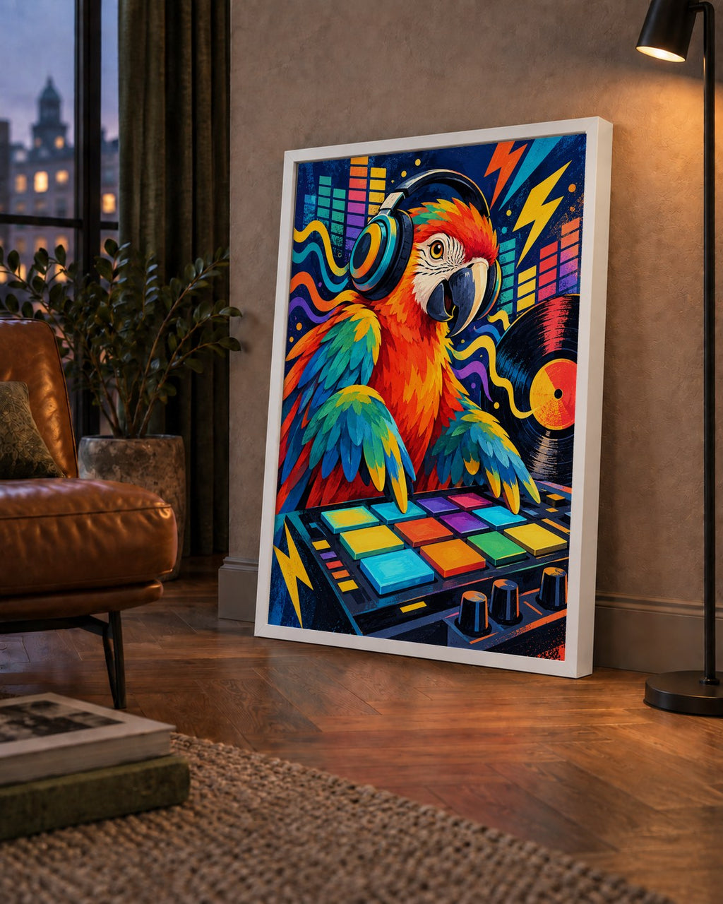 DJ Papağan Renkli Müzik Poster – Dinamik Dijital Sanat — çerçeveli hâliyle bir ev duvarında