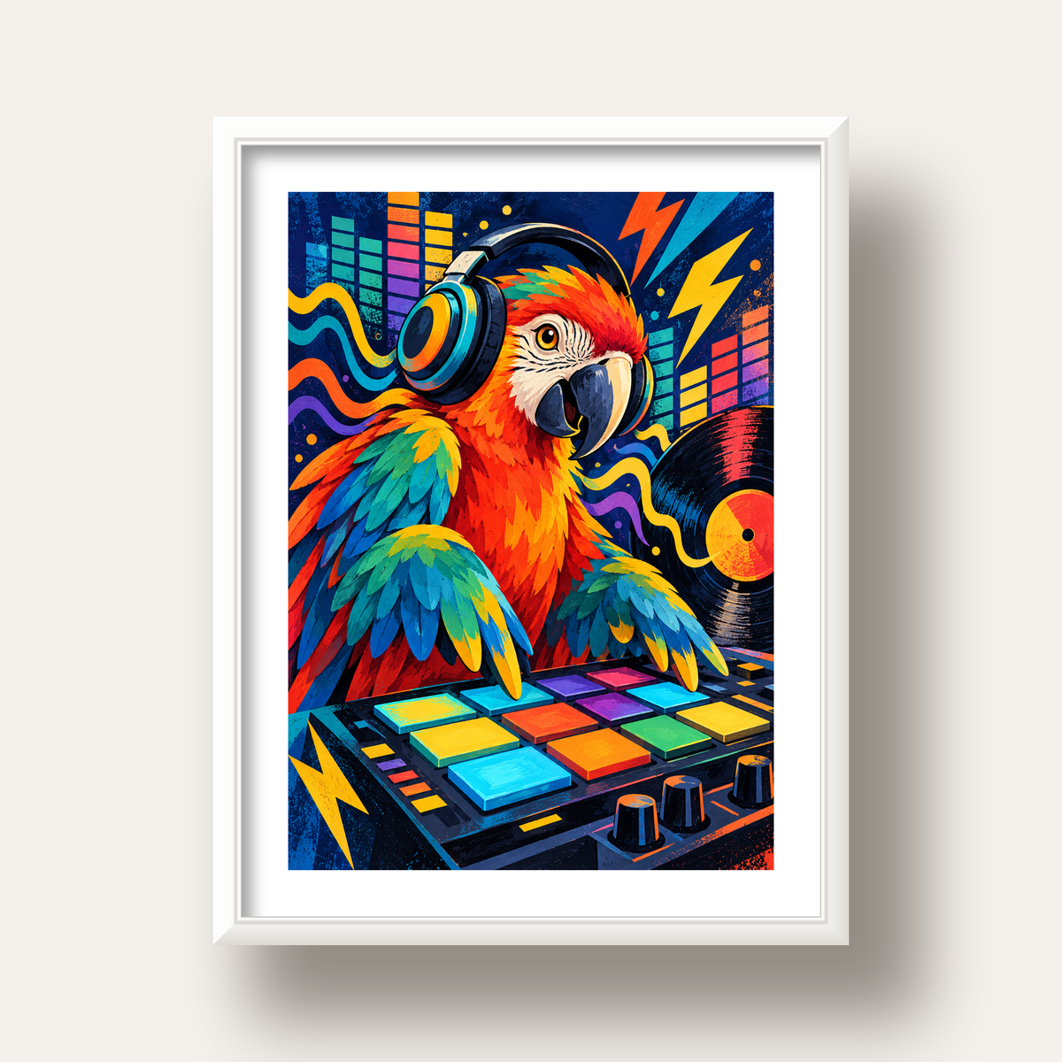DJ Papağan Renkli Müzik Poster – Dinamik Dijital Sanat — beyaz derin çerçeveli paspartulu