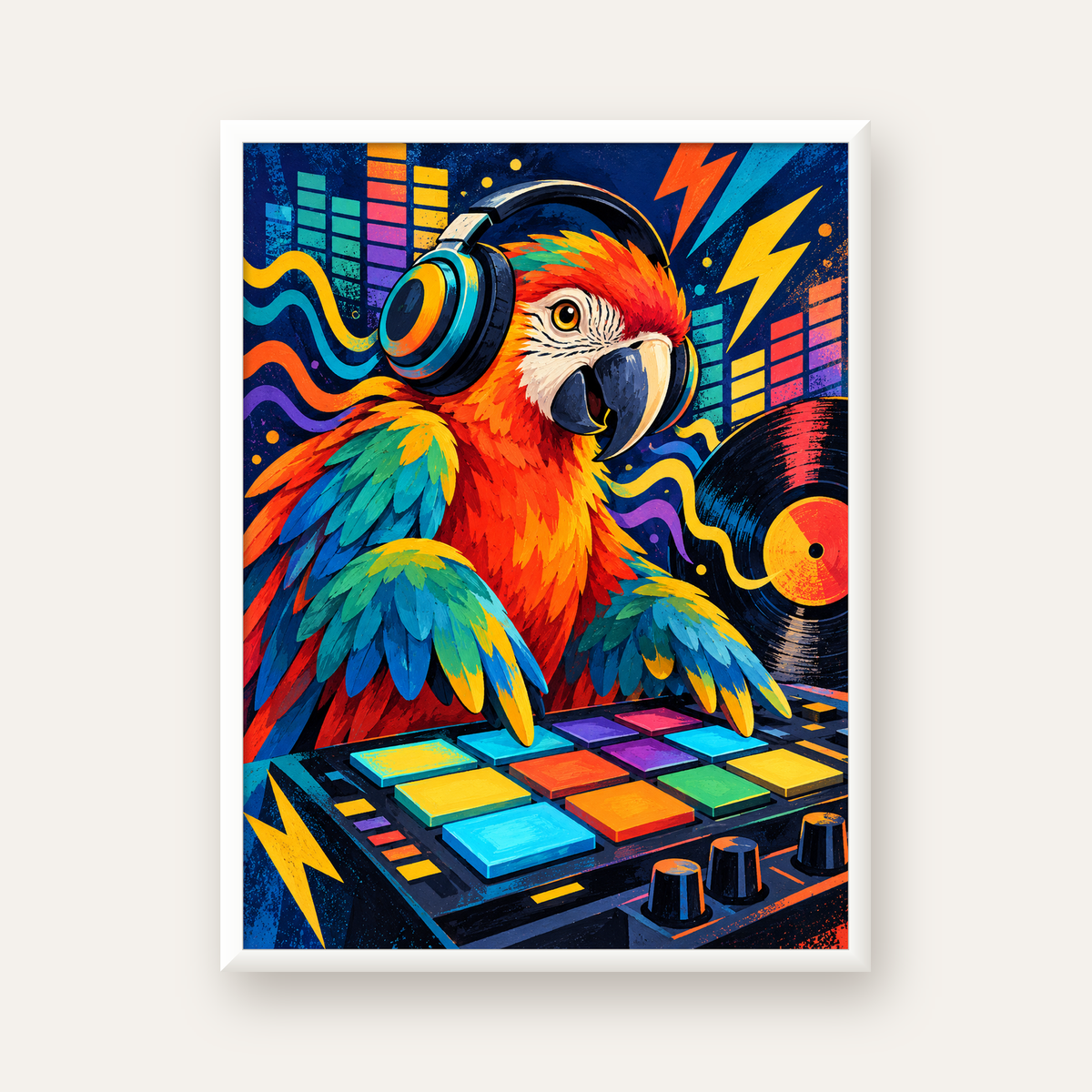 DJ Papağan Renkli Müzik Poster – Dinamik Dijital Sanat — beyaz çerçeveli dikey poster