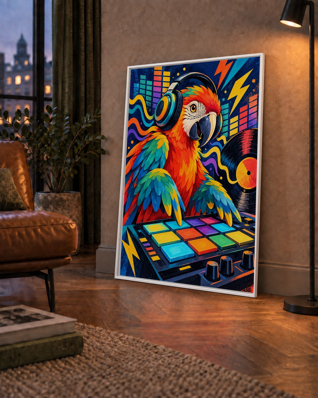 DJ Papağan Renkli Müzik Poster – Dinamik Dijital Sanat — çerçeveli hâliyle bir ev duvarında