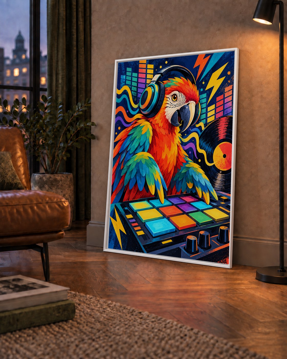 DJ Papağan Renkli Müzik Poster – Dinamik Dijital Sanat — çerçeveli hâliyle bir ev duvarında