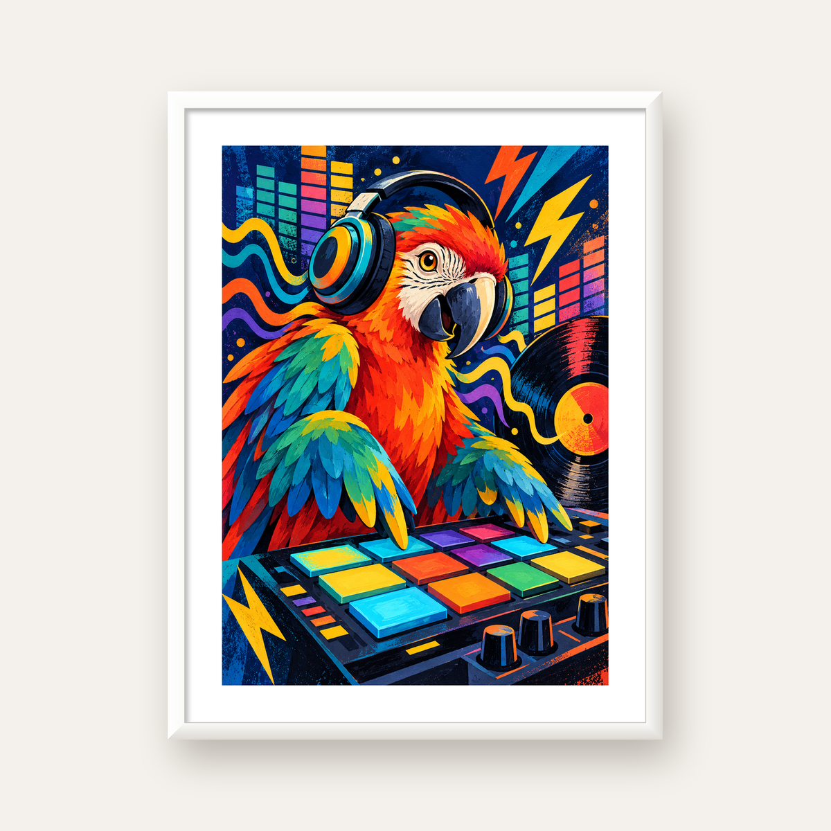DJ Papağan Renkli Müzik Poster – Dinamik Dijital Sanat — beyaz çerçeveli dikey poster