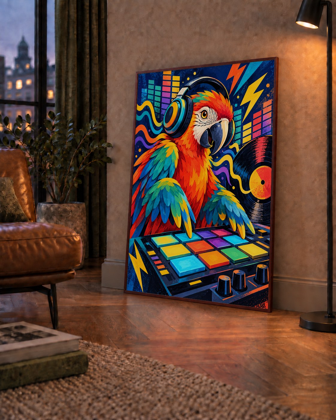 DJ Papağan Renkli Müzik Poster – Dinamik Dijital Sanat — çerçeveli hâliyle bir ev duvarında