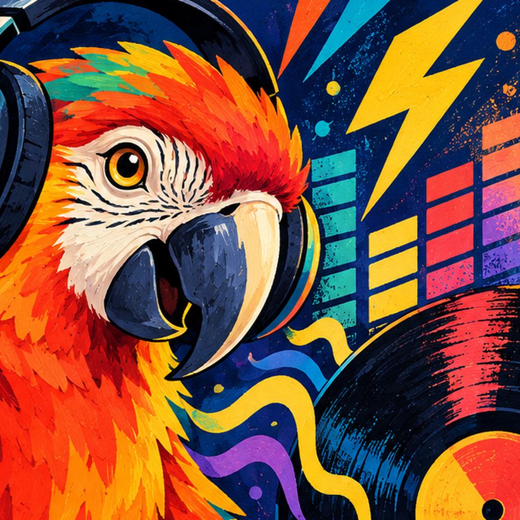 DJ Papağan Renkli Müzik Poster – Dinamik Dijital Sanat — baskının yakın çekimi, kâğıt dokusu ve renk detayı