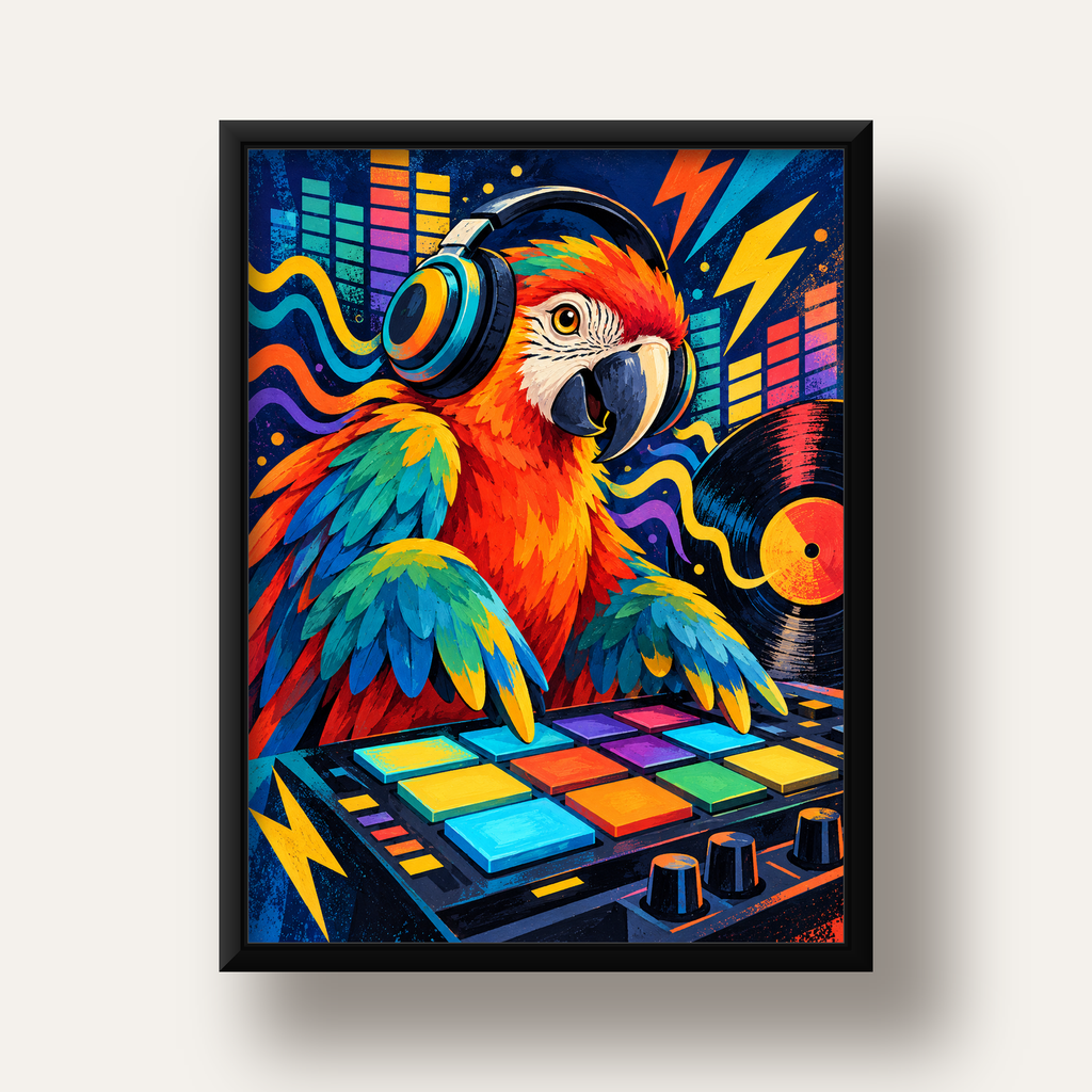 DJ Papağan Renkli Müzik Poster – Dinamik Dijital Sanat — siyah derin çerçeveli