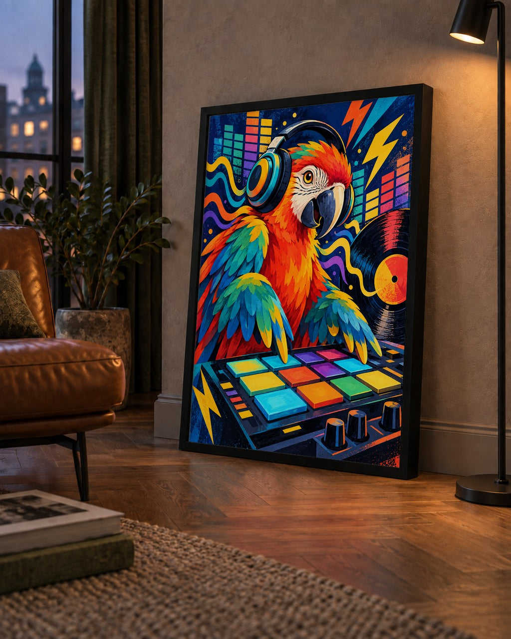 DJ Papağan Renkli Müzik Poster – Dinamik Dijital Sanat — çerçeveli hâliyle bir ev duvarında