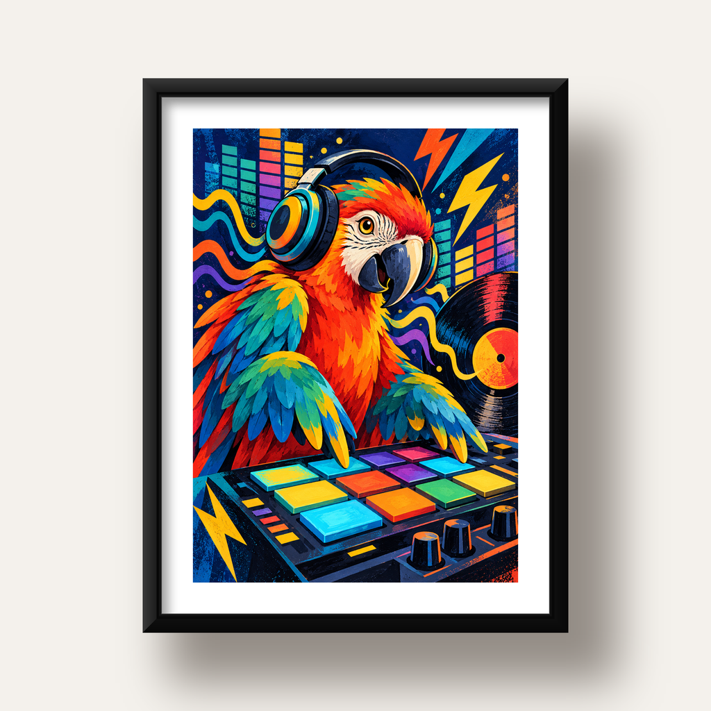 DJ Papağan Renkli Müzik Poster – Dinamik Dijital Sanat — siyah derin çerçeveli paspartulu