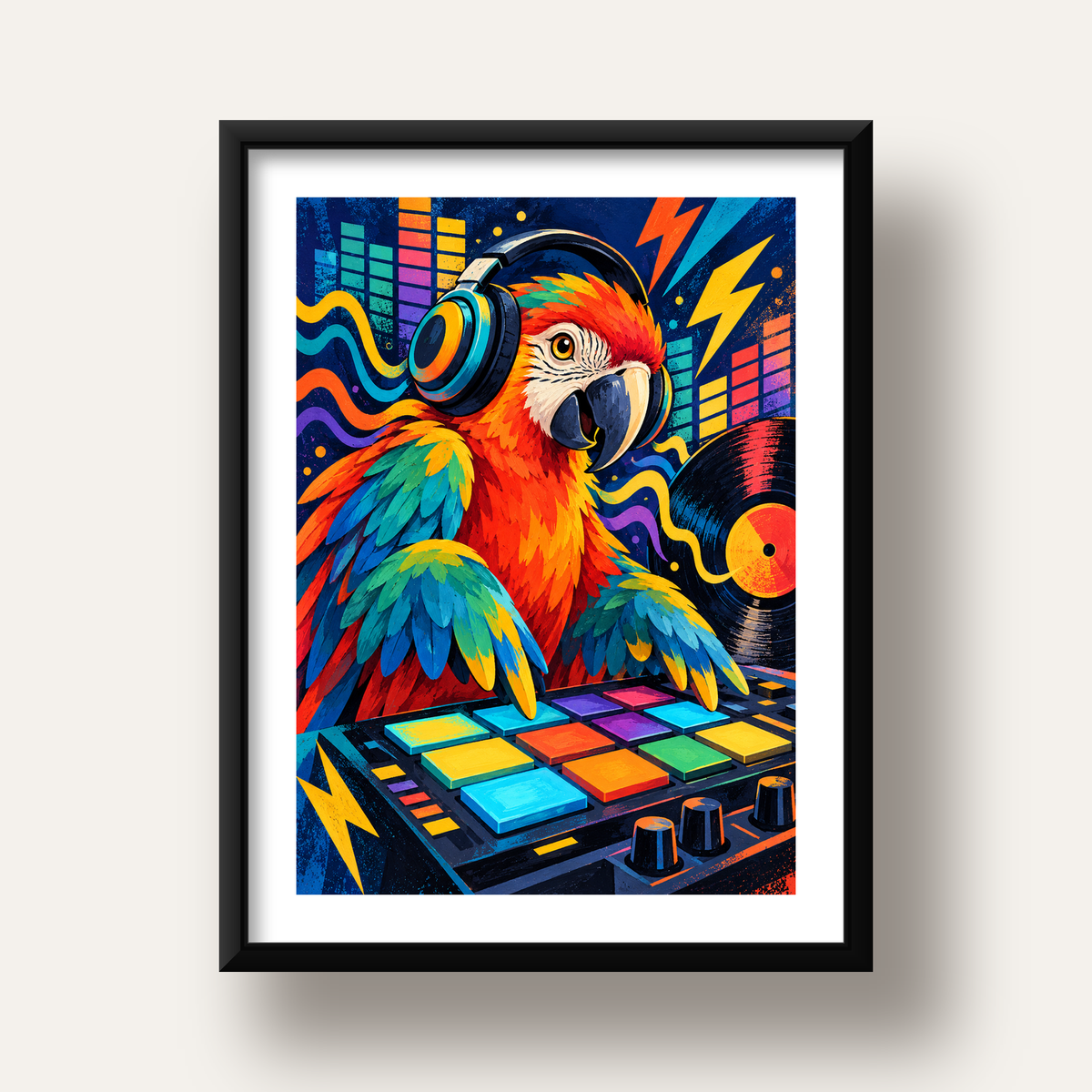 DJ Papağan Renkli Müzik Poster – Dinamik Dijital Sanat — siyah derin çerçeveli paspartulu