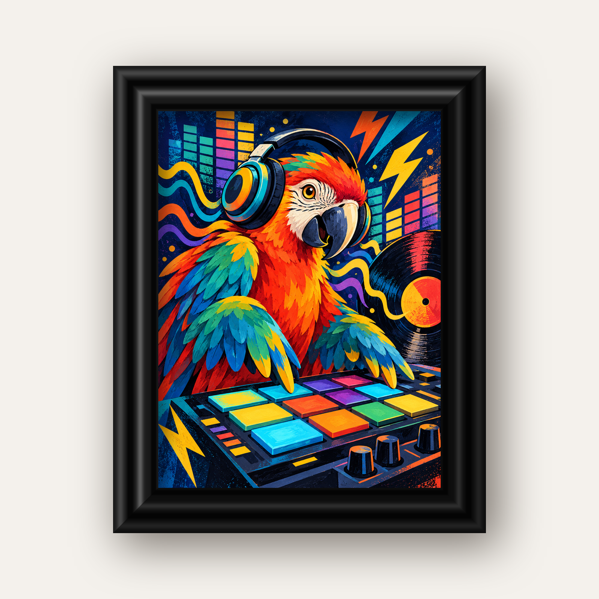 DJ Papağan Renkli Müzik Poster – Dinamik Dijital Sanat — siyah galeri çerçeveli