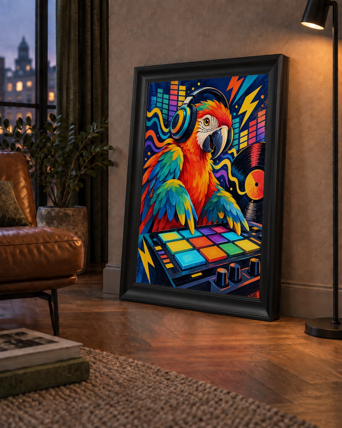 DJ Papağan Renkli Müzik Poster – Dinamik Dijital Sanat — çerçeveli hâliyle bir ev duvarında