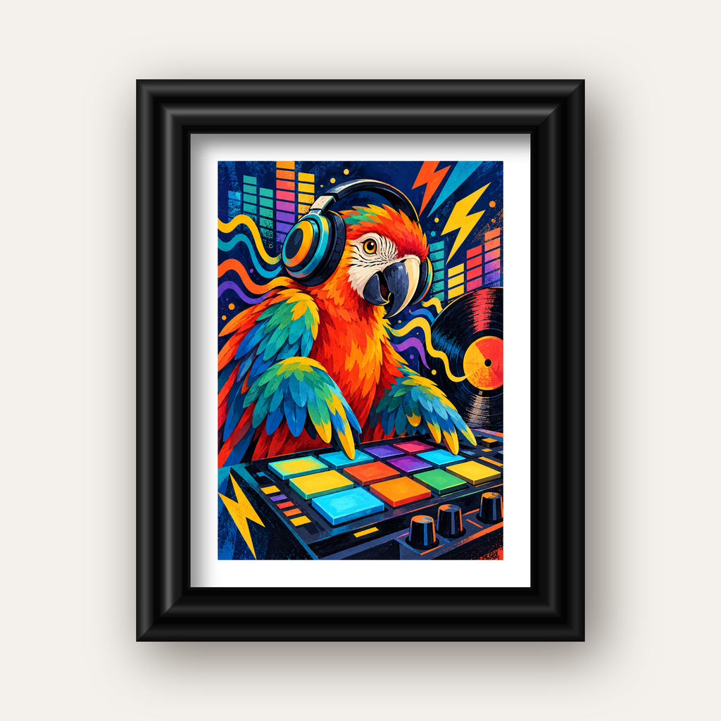 DJ Papağan Renkli Müzik Poster – Dinamik Dijital Sanat — siyah galeri çerçeveli paspartulu
