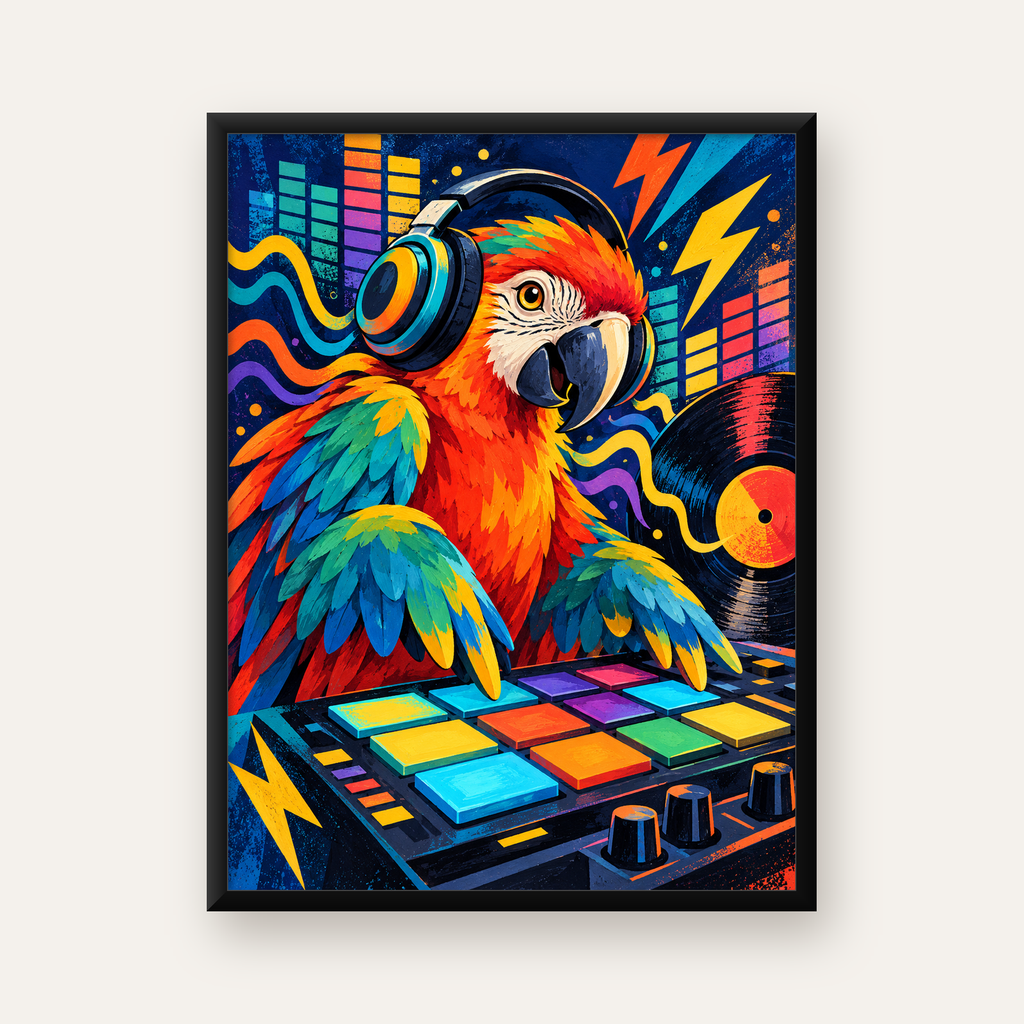 DJ Papağan Renkli Müzik Poster – Dinamik Dijital Sanat — Dikey baskı, düz siyah çerçeveli duvar posteri