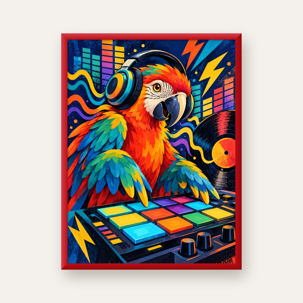 DJ Papağan Renkli Müzik Poster – Dinamik Dijital Sanat — kırmızı çerçeveli