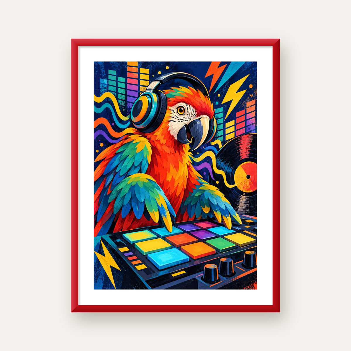 DJ Papağan Renkli Müzik Poster – Dinamik Dijital Sanat — kırmızı çerçeveli paspartulu