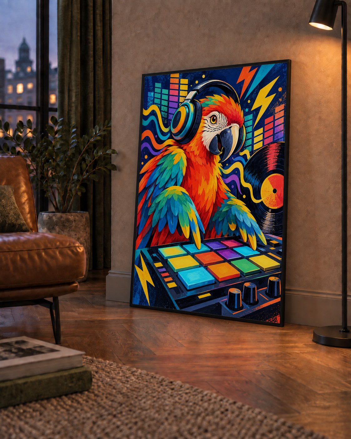 DJ Papağan Renkli Müzik Poster – Dinamik Dijital Sanat — çerçeveli hâliyle bir ev duvarında