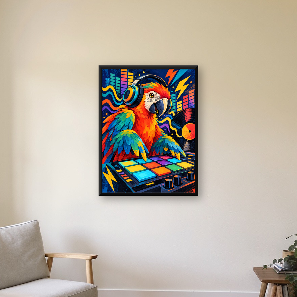 DJ Papağan Renkli Müzik Poster – Dinamik Dijital Sanat — Dikey baskı, çerçeveli hâliyle bir ev duvarında