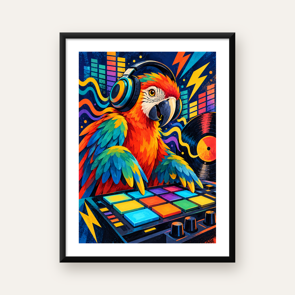 DJ Papağan Renkli Müzik Poster – Dinamik Dijital Sanat — Dikey baskı, beyaz paspartulu