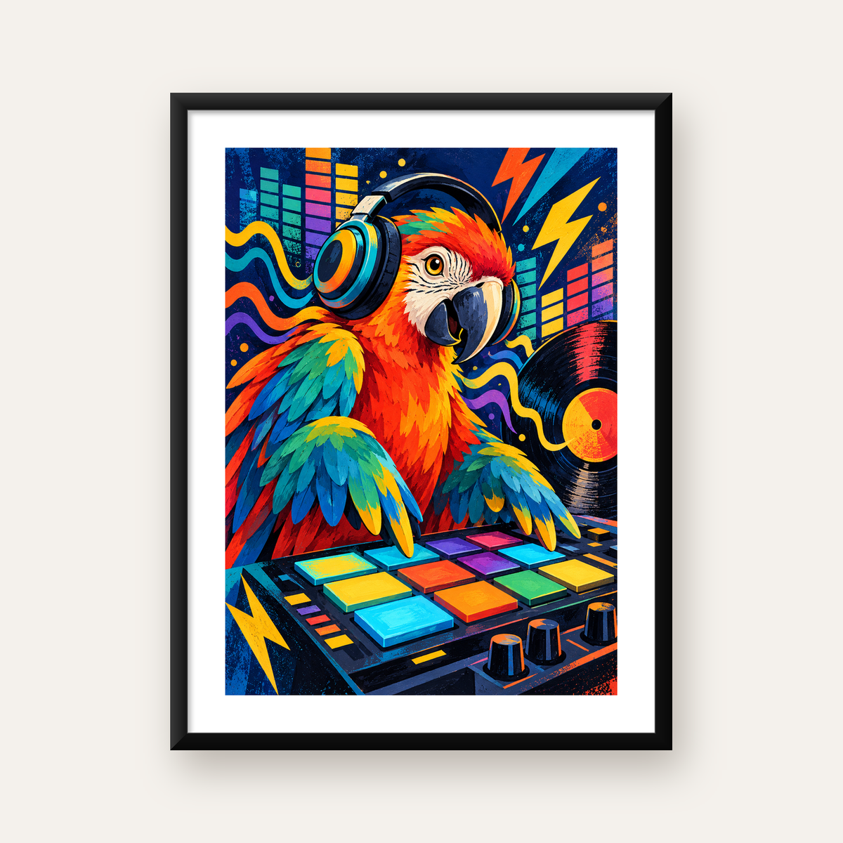 DJ Papağan Renkli Müzik Poster – Dinamik Dijital Sanat — Dikey baskı, beyaz paspartulu