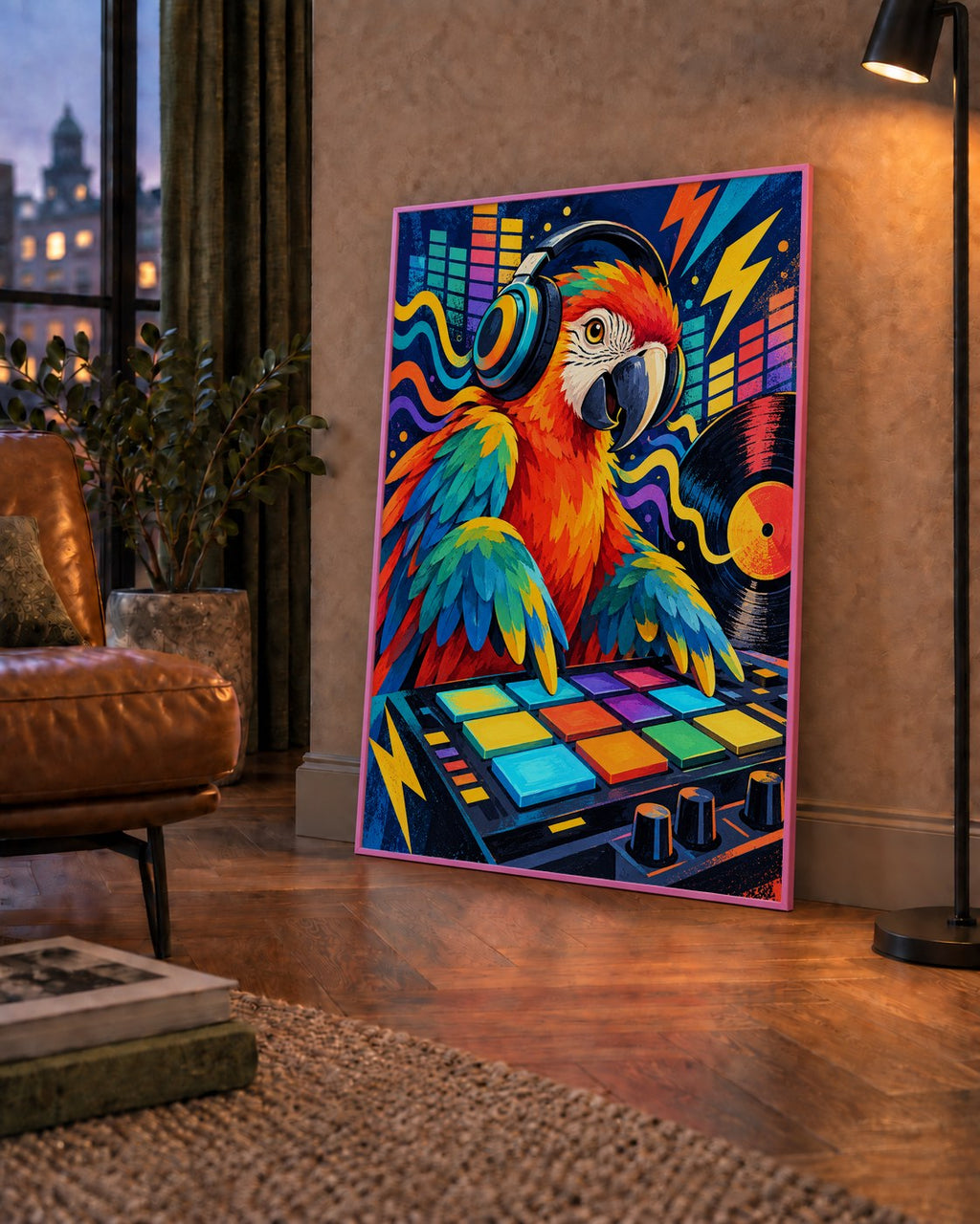 DJ Papağan Renkli Müzik Poster – Dinamik Dijital Sanat — çerçeveli hâliyle bir ev duvarında