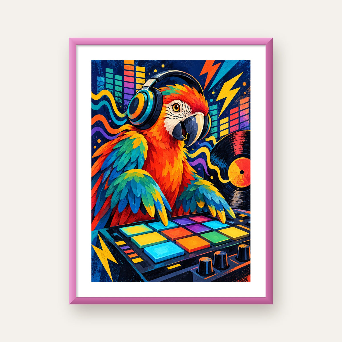 DJ Papağan Renkli Müzik Poster – Dinamik Dijital Sanat — pembe çerçeveli paspartulu
