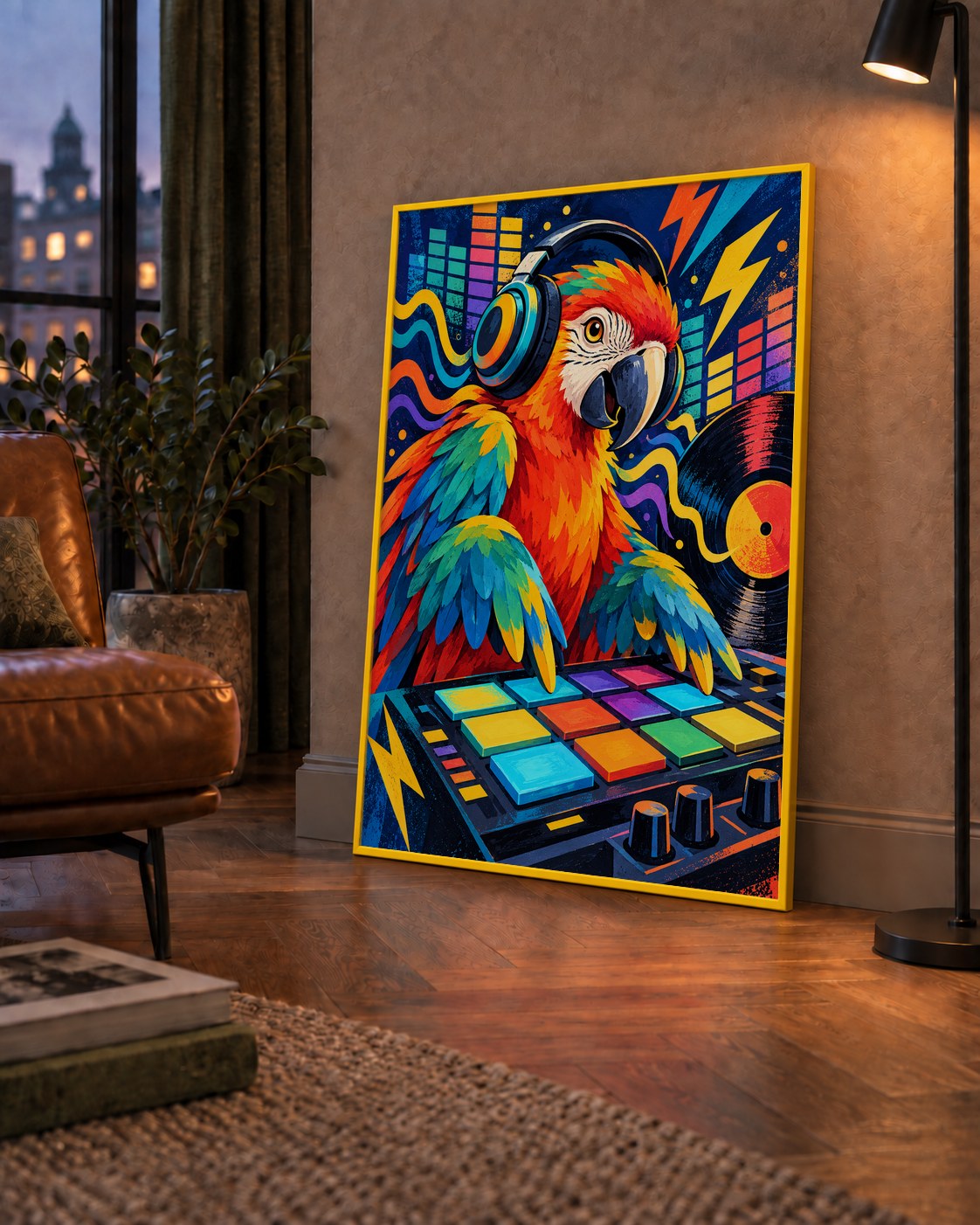 DJ Papağan Renkli Müzik Poster – Dinamik Dijital Sanat — çerçeveli hâliyle bir ev duvarında