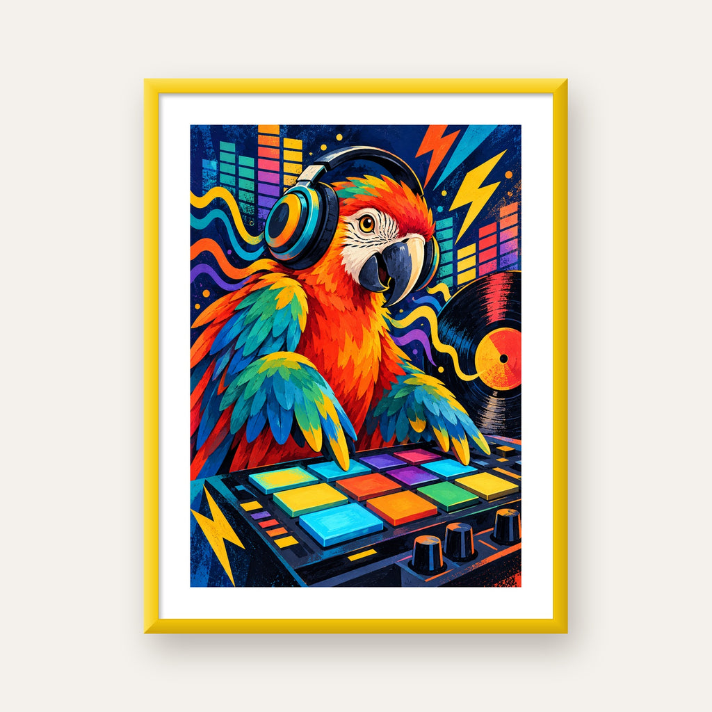 DJ Papağan Renkli Müzik Poster – Dinamik Dijital Sanat — sarı çerçeveli paspartulu