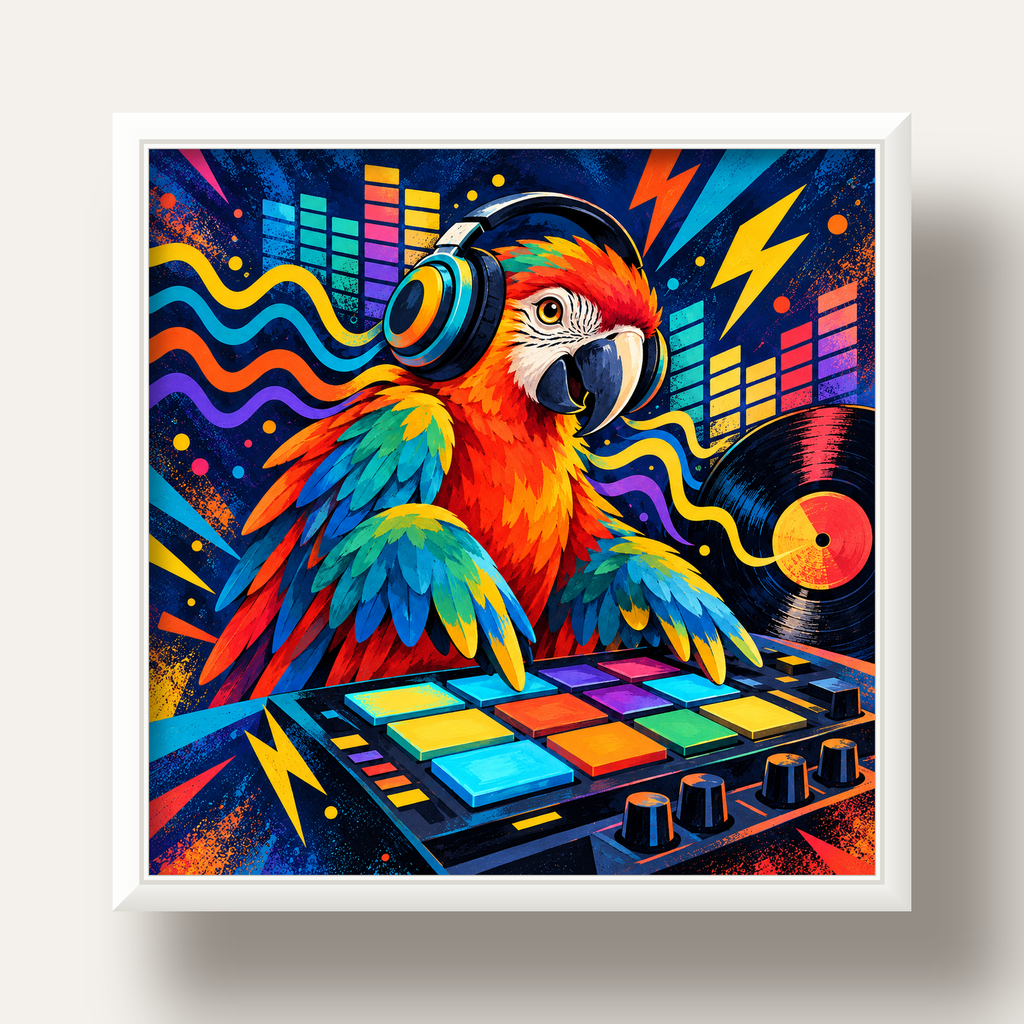 DJ Papağan Renkli Müzik Poster – Dinamik Dijital Sanat — beyaz derin çerçeveli