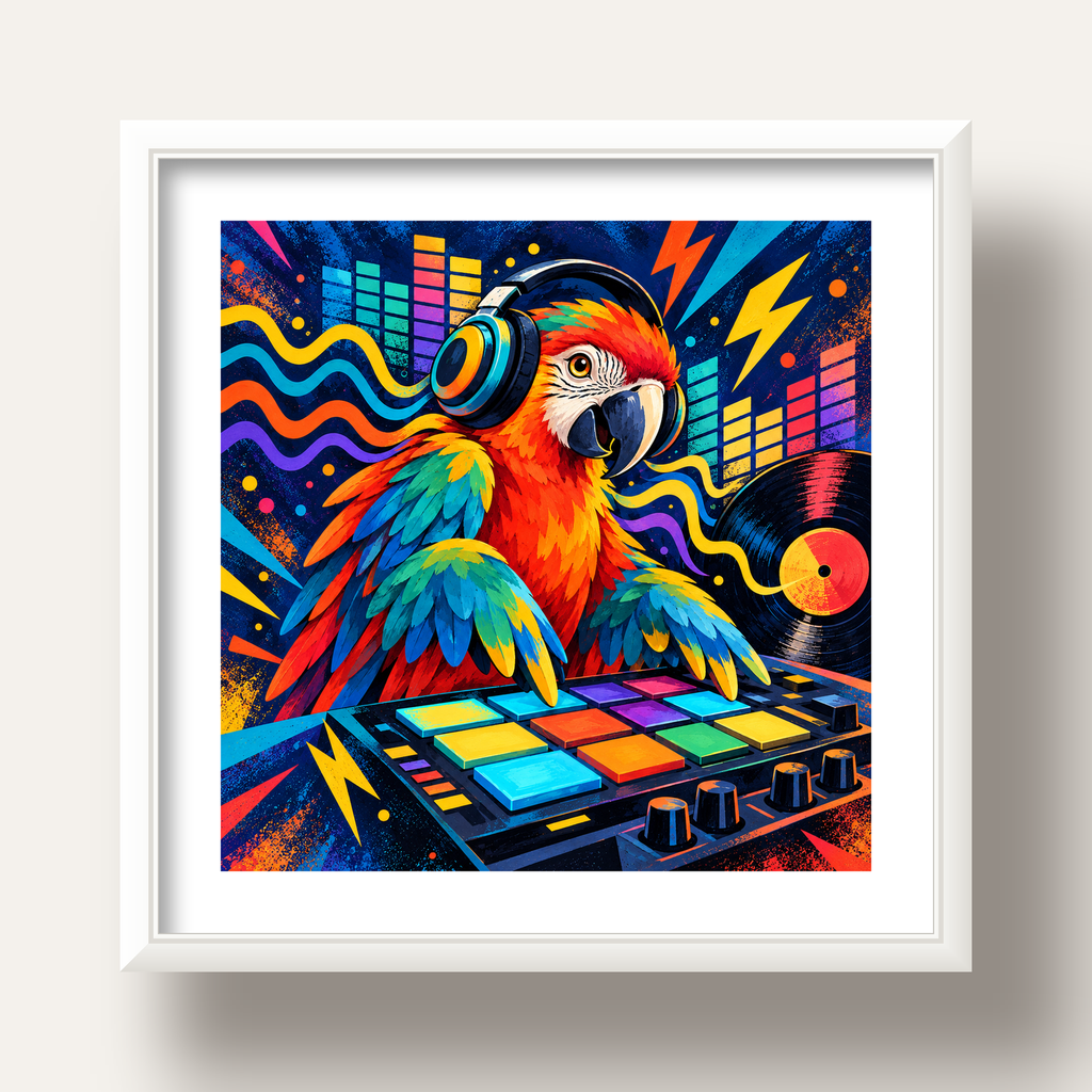 DJ Papağan Renkli Müzik Poster – Dinamik Dijital Sanat — beyaz derin çerçeveli paspartulu