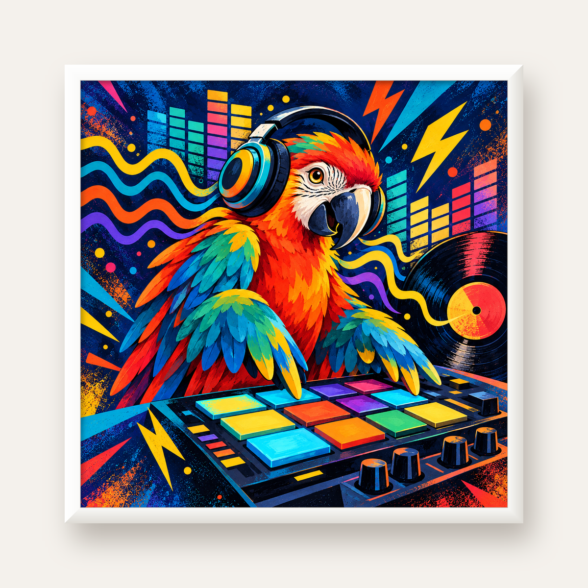 DJ Papağan Renkli Müzik Poster – Dinamik Dijital Sanat — beyaz çerçeveli kare poster