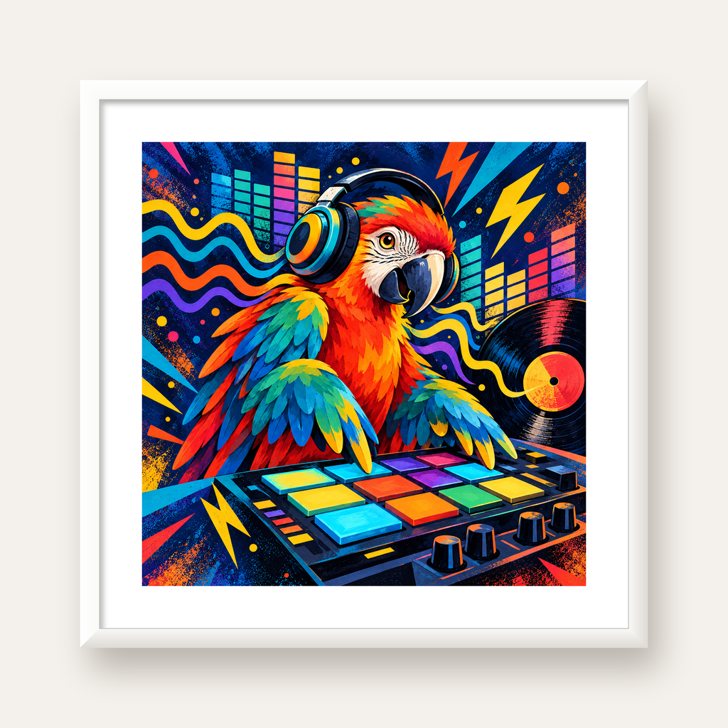 DJ Papağan Renkli Müzik Poster – Dinamik Dijital Sanat — beyaz çerçeveli kare poster
