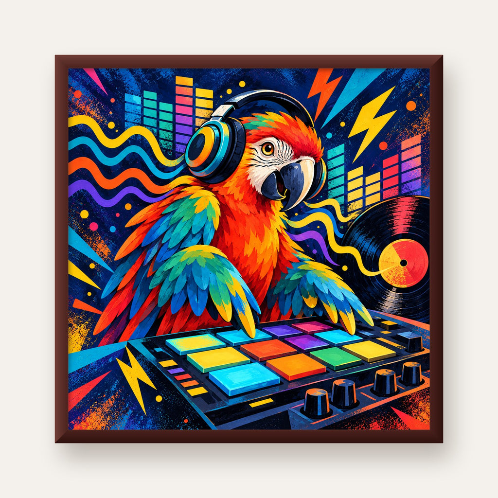 DJ Papağan Renkli Müzik Poster – Dinamik Dijital Sanat — ceviz çerçeveli