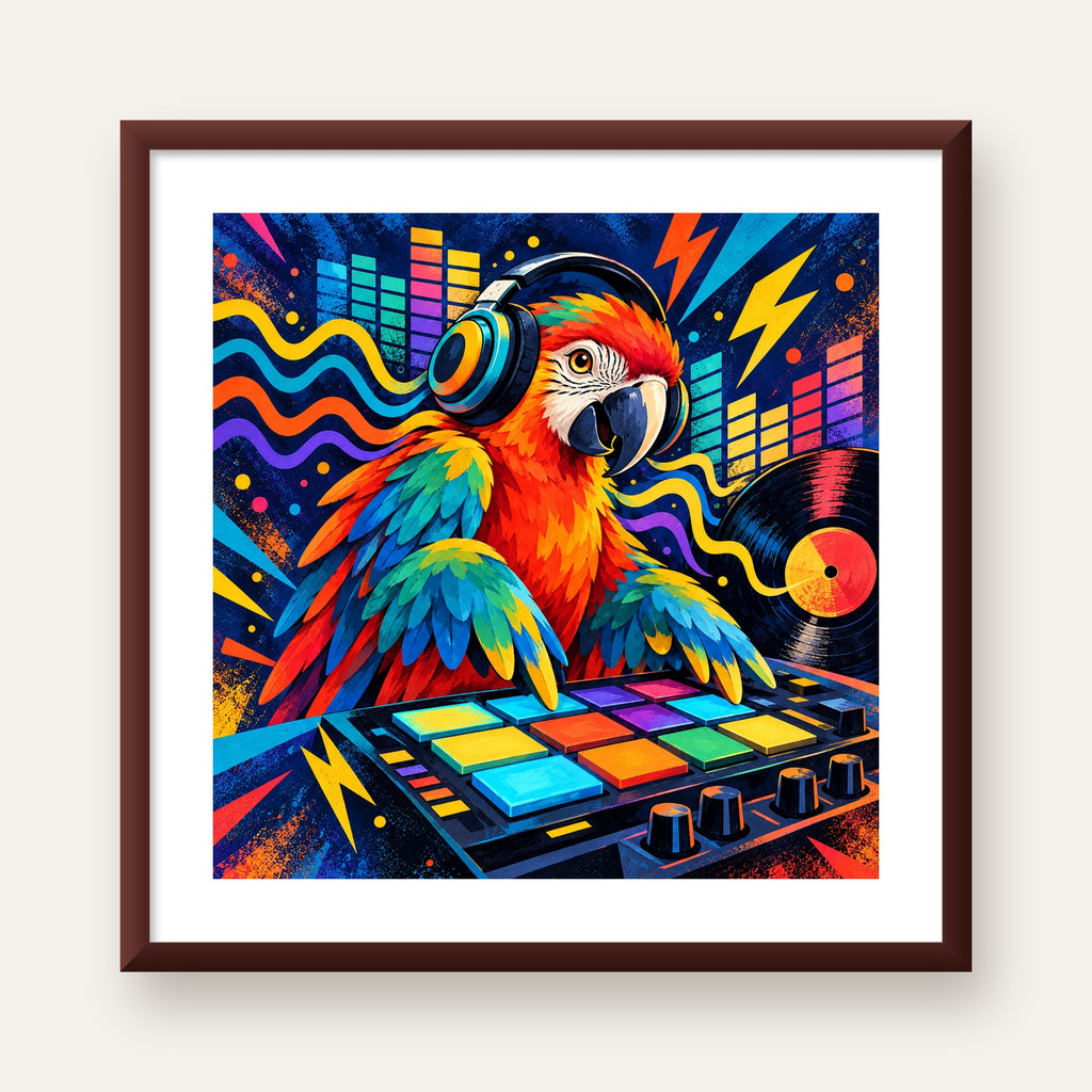 DJ Papağan Renkli Müzik Poster – Dinamik Dijital Sanat — ceviz çerçeveli paspartulu