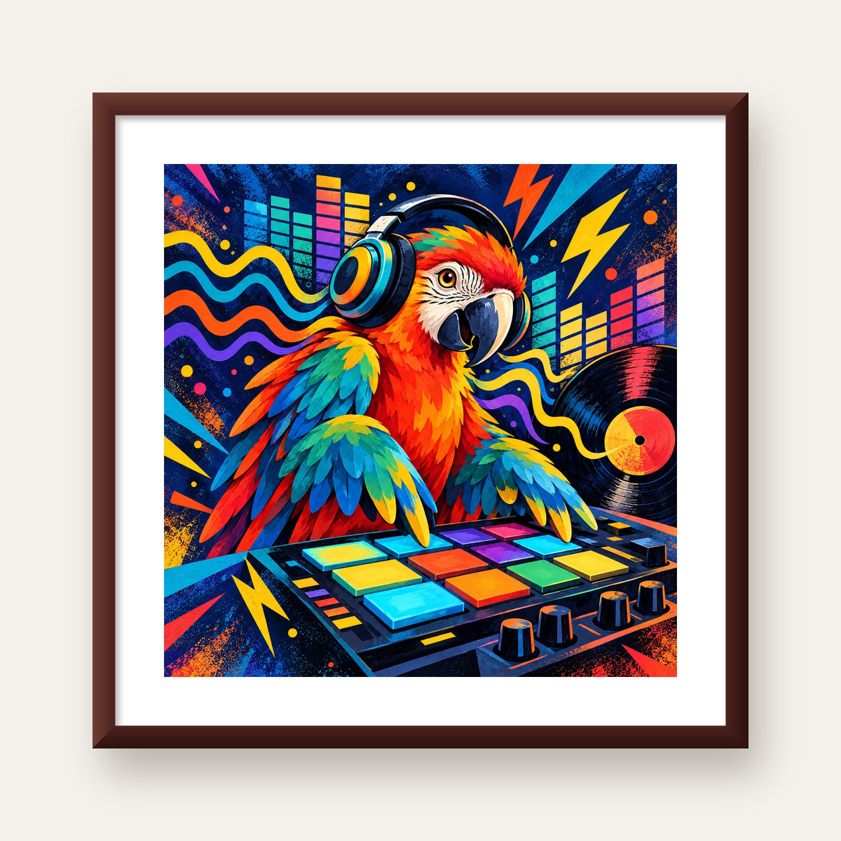 DJ Papağan Renkli Müzik Poster – Dinamik Dijital Sanat — ceviz çerçeveli paspartulu