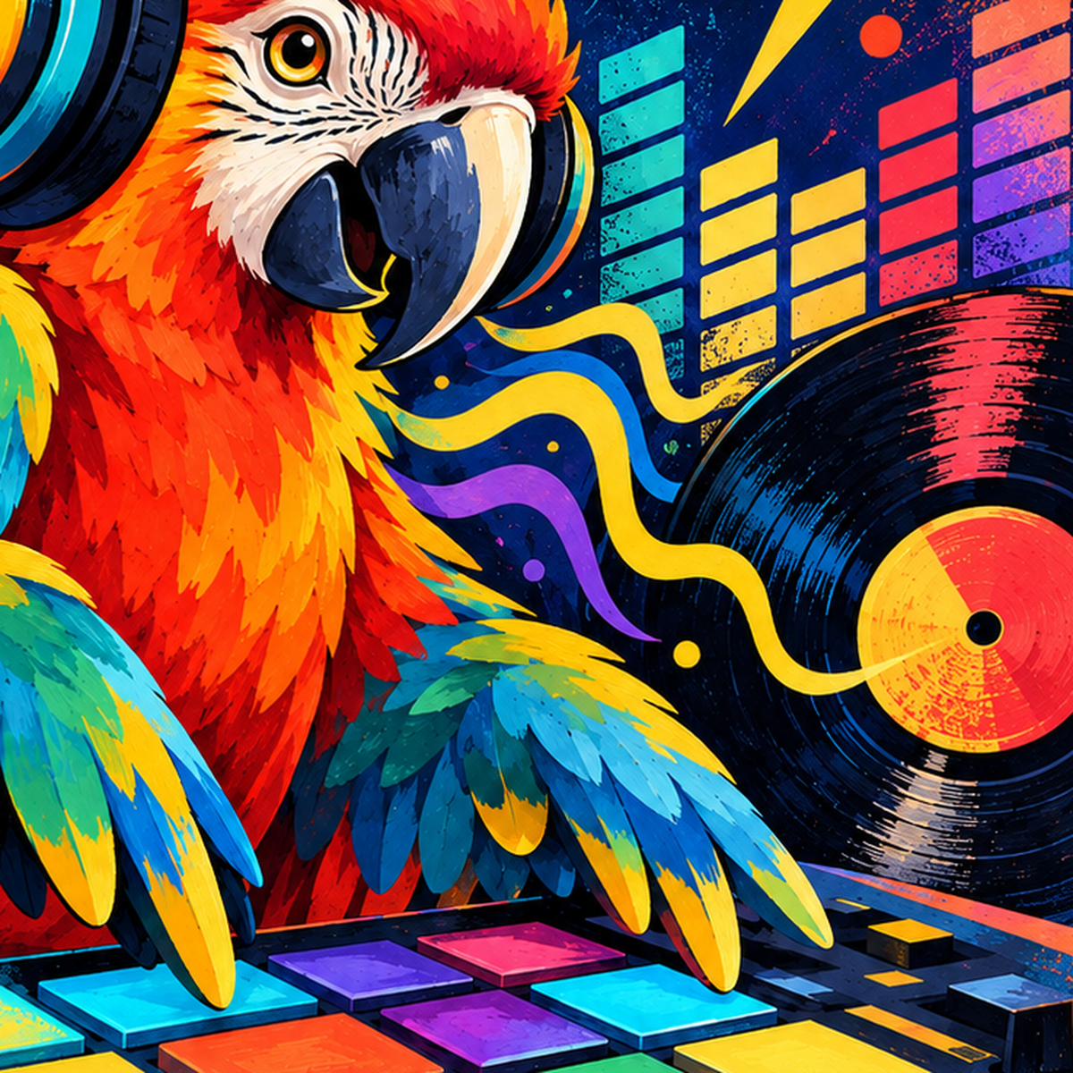 DJ Papağan Renkli Müzik Poster – Dinamik Dijital Sanat — baskının yakın çekimi, kâğıt dokusu ve renk detayı
