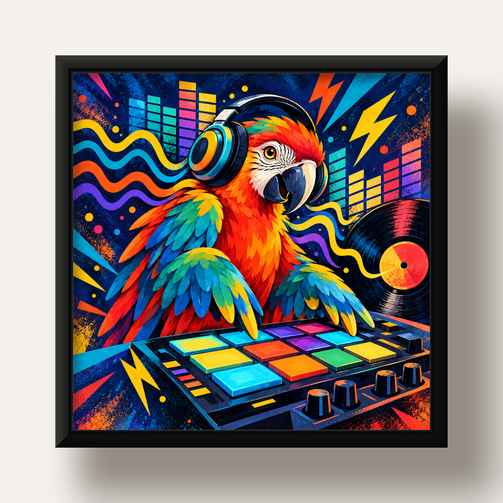 DJ Papağan Renkli Müzik Poster – Dinamik Dijital Sanat — siyah derin çerçeveli