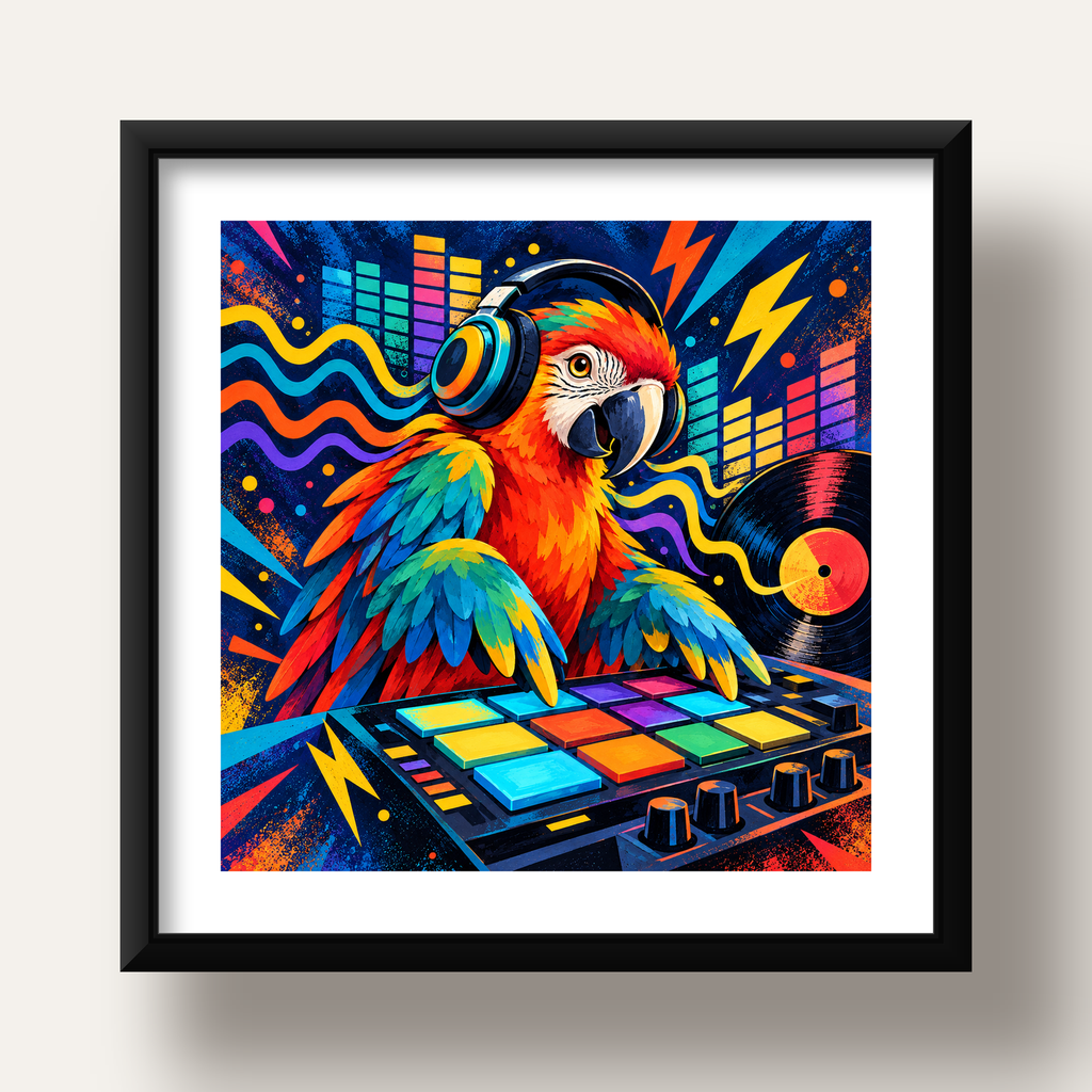 DJ Papağan Renkli Müzik Poster – Dinamik Dijital Sanat — siyah derin çerçeveli paspartulu