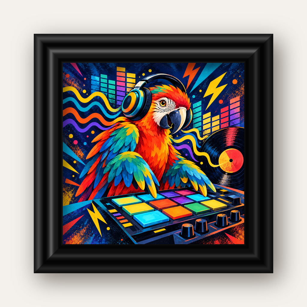 DJ Papağan Renkli Müzik Poster – Dinamik Dijital Sanat — siyah galeri çerçeveli