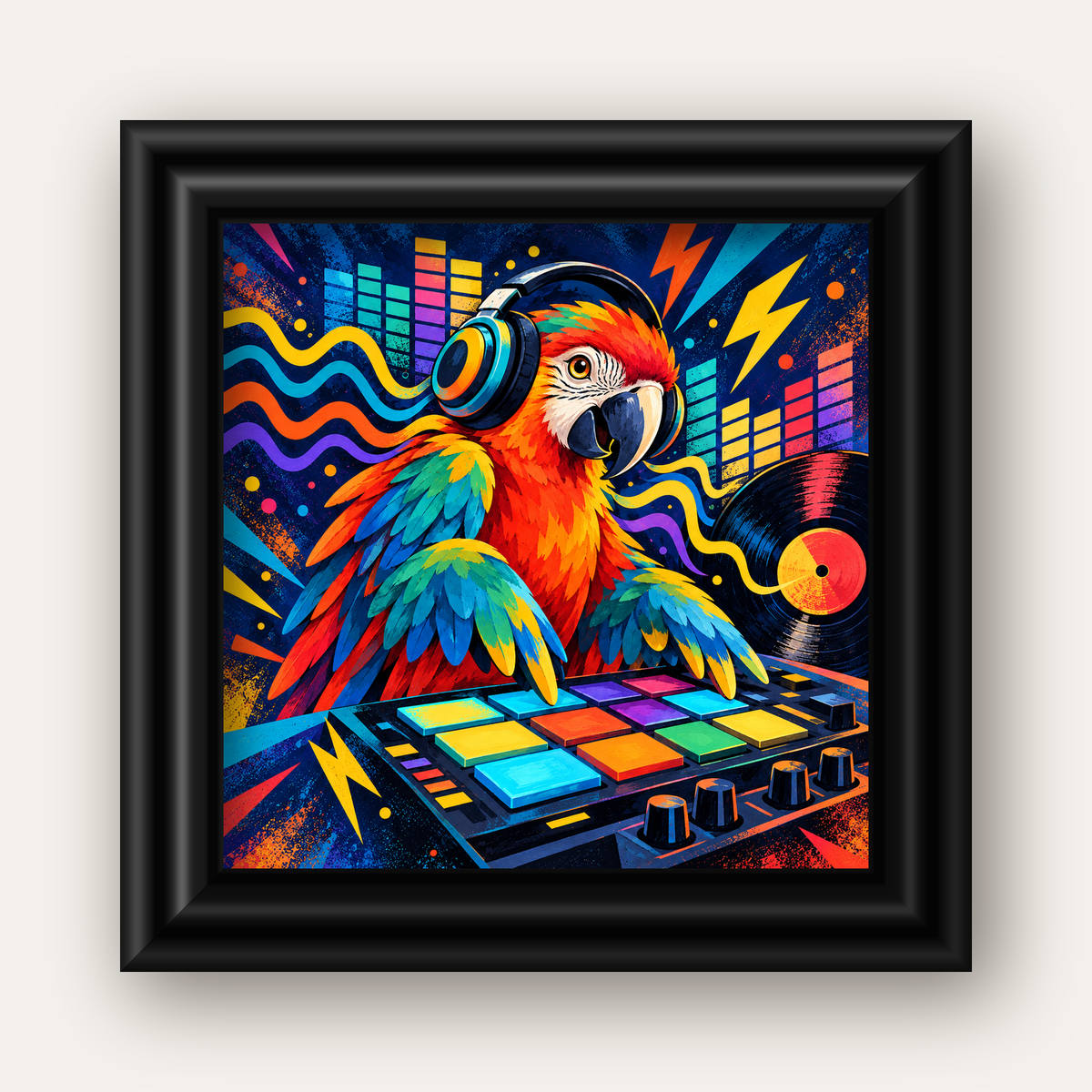 DJ Papağan Renkli Müzik Poster – Dinamik Dijital Sanat — siyah galeri çerçeveli