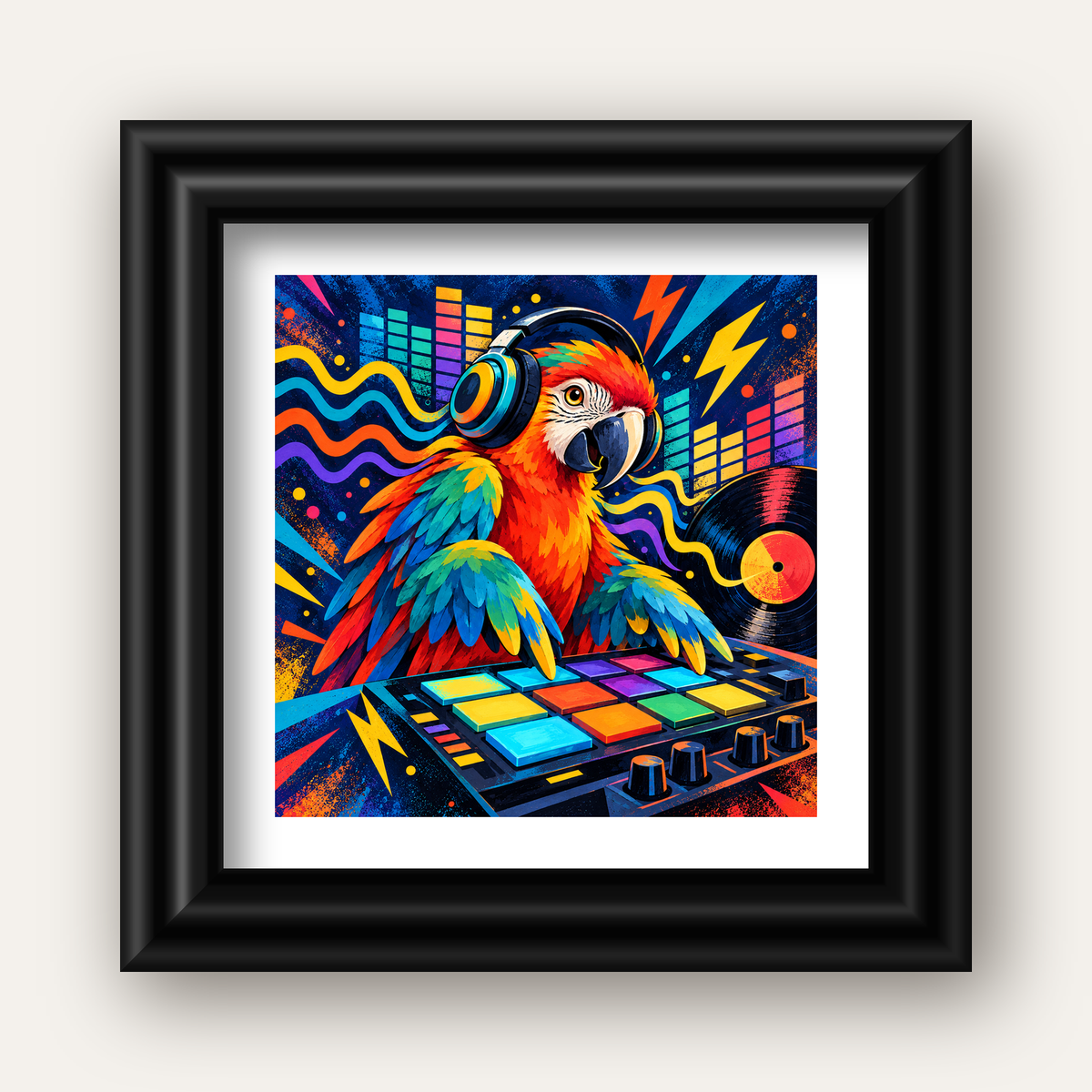 DJ Papağan Renkli Müzik Poster – Dinamik Dijital Sanat — siyah galeri çerçeveli paspartulu