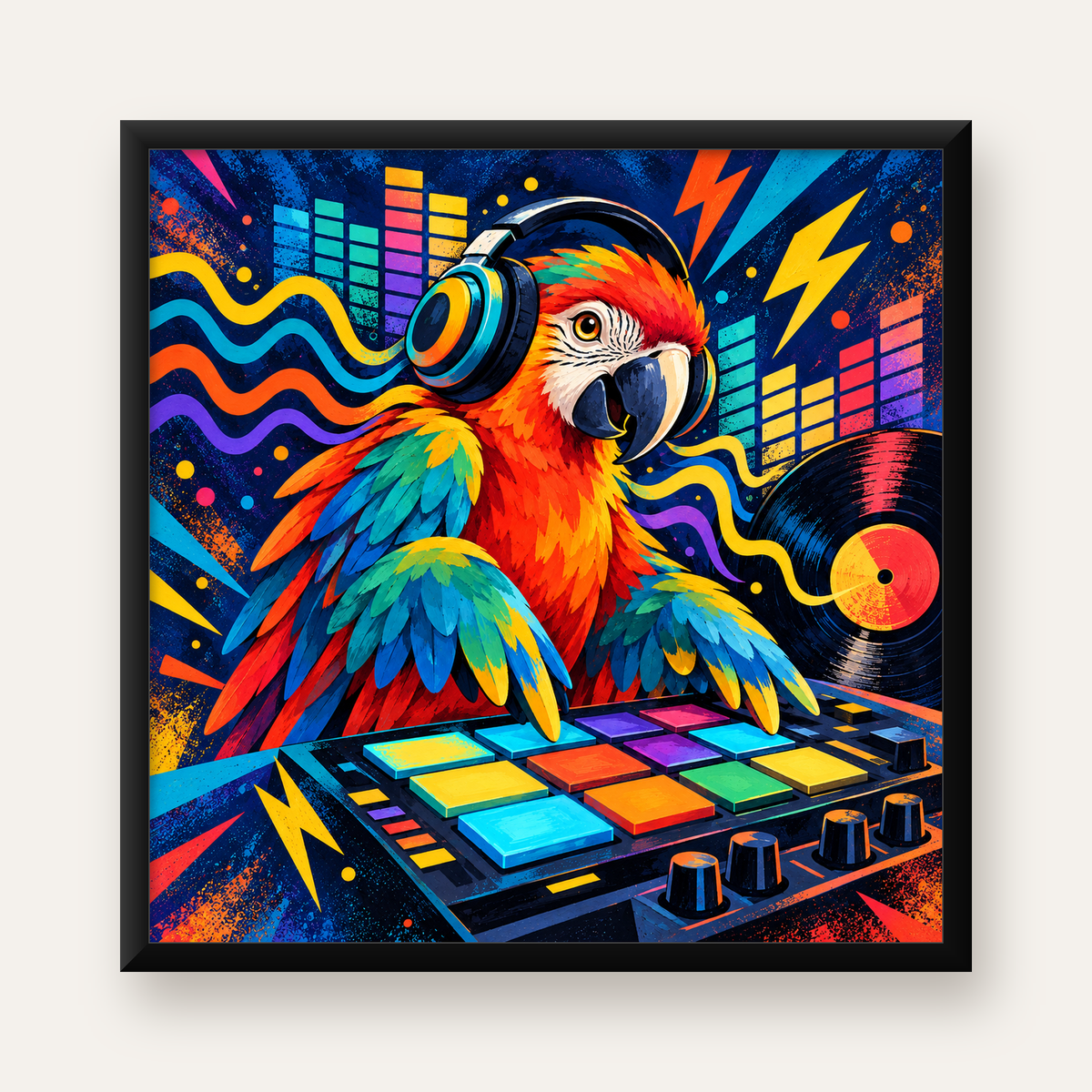 DJ Papağan Renkli Müzik Poster – Dinamik Dijital Sanat — Kare baskı, düz siyah çerçeveli duvar posteri