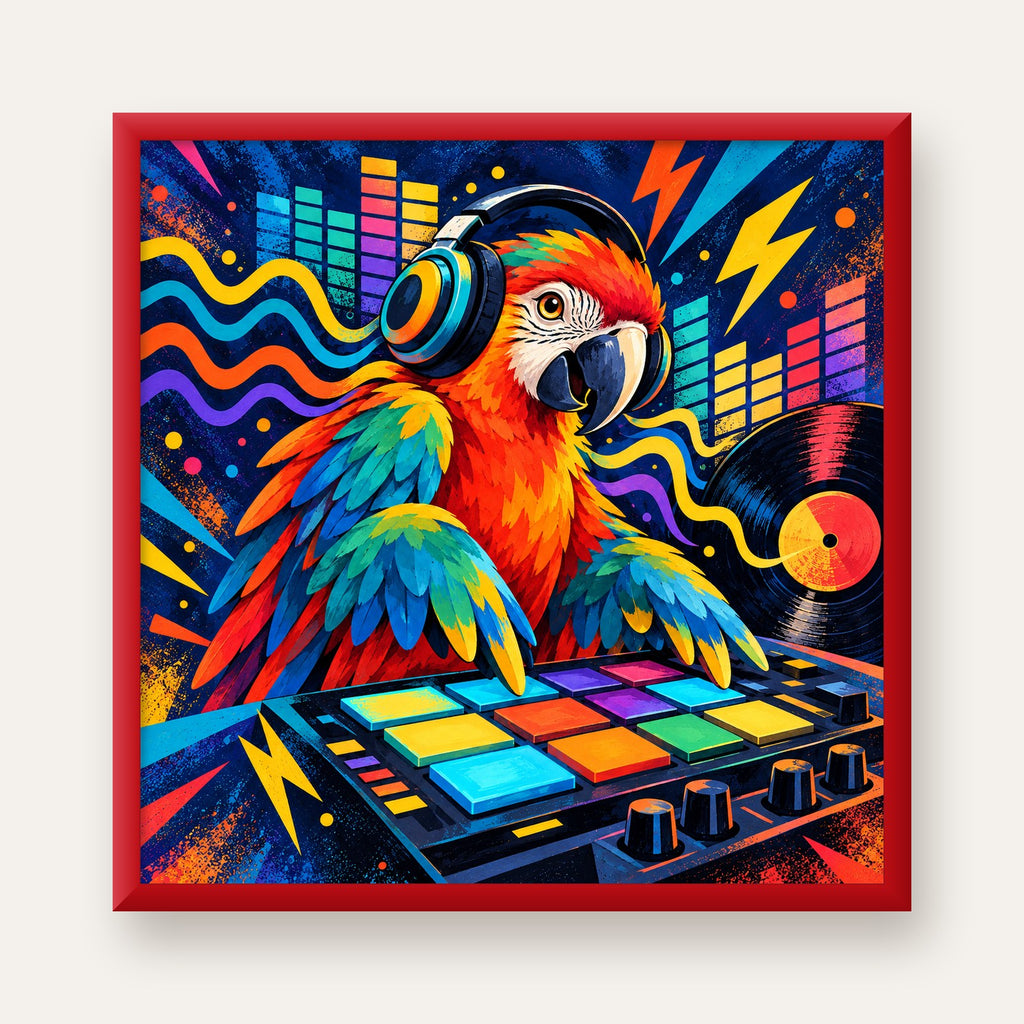 DJ Papağan Renkli Müzik Poster – Dinamik Dijital Sanat — kırmızı çerçeveli