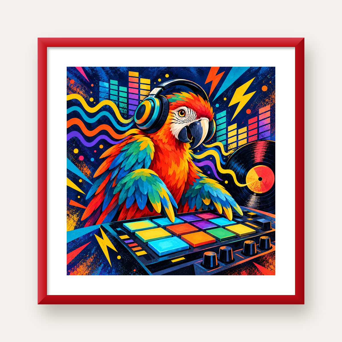 DJ Papağan Renkli Müzik Poster – Dinamik Dijital Sanat — kırmızı çerçeveli paspartulu