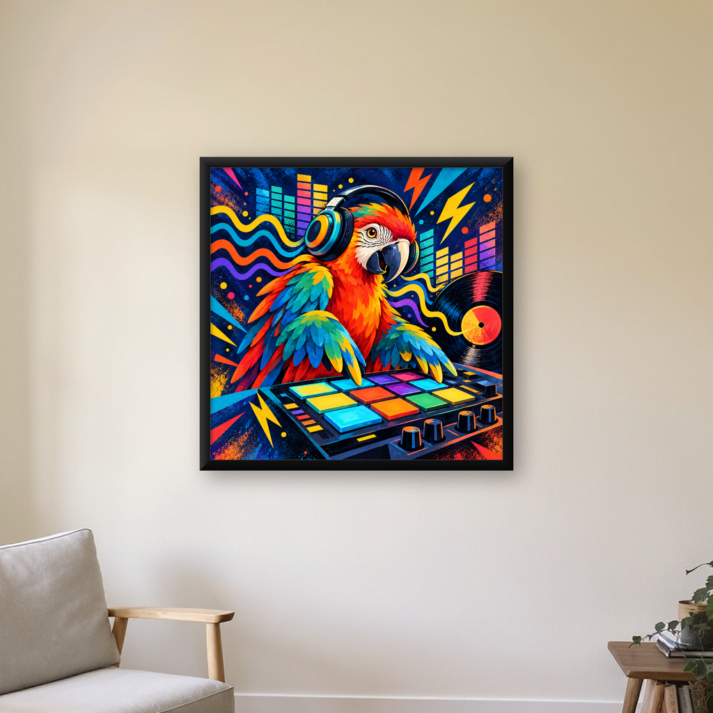 DJ Papağan Renkli Müzik Poster – Dinamik Dijital Sanat — Kare baskı, çerçeveli hâliyle bir ev duvarında