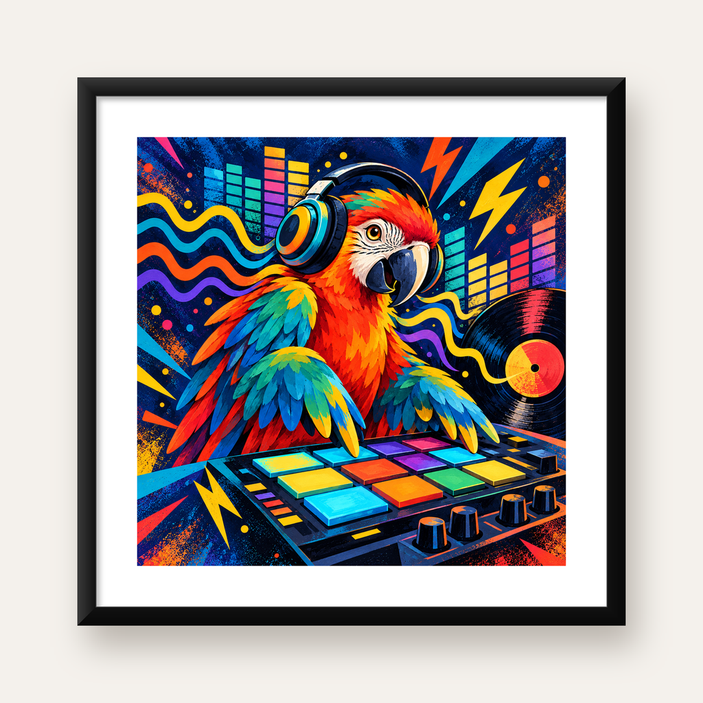 DJ Papağan Renkli Müzik Poster – Dinamik Dijital Sanat — Kare baskı, beyaz paspartulu