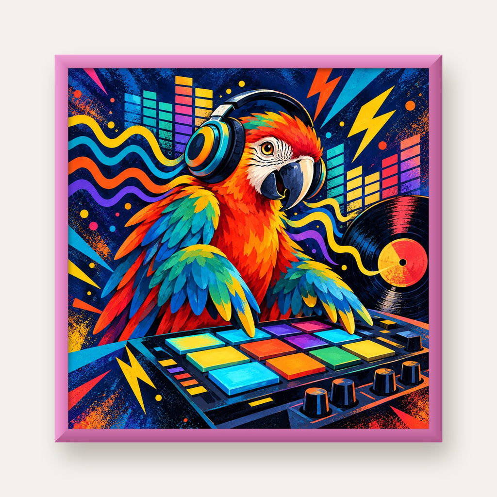 DJ Papağan Renkli Müzik Poster – Dinamik Dijital Sanat — pembe çerçeveli