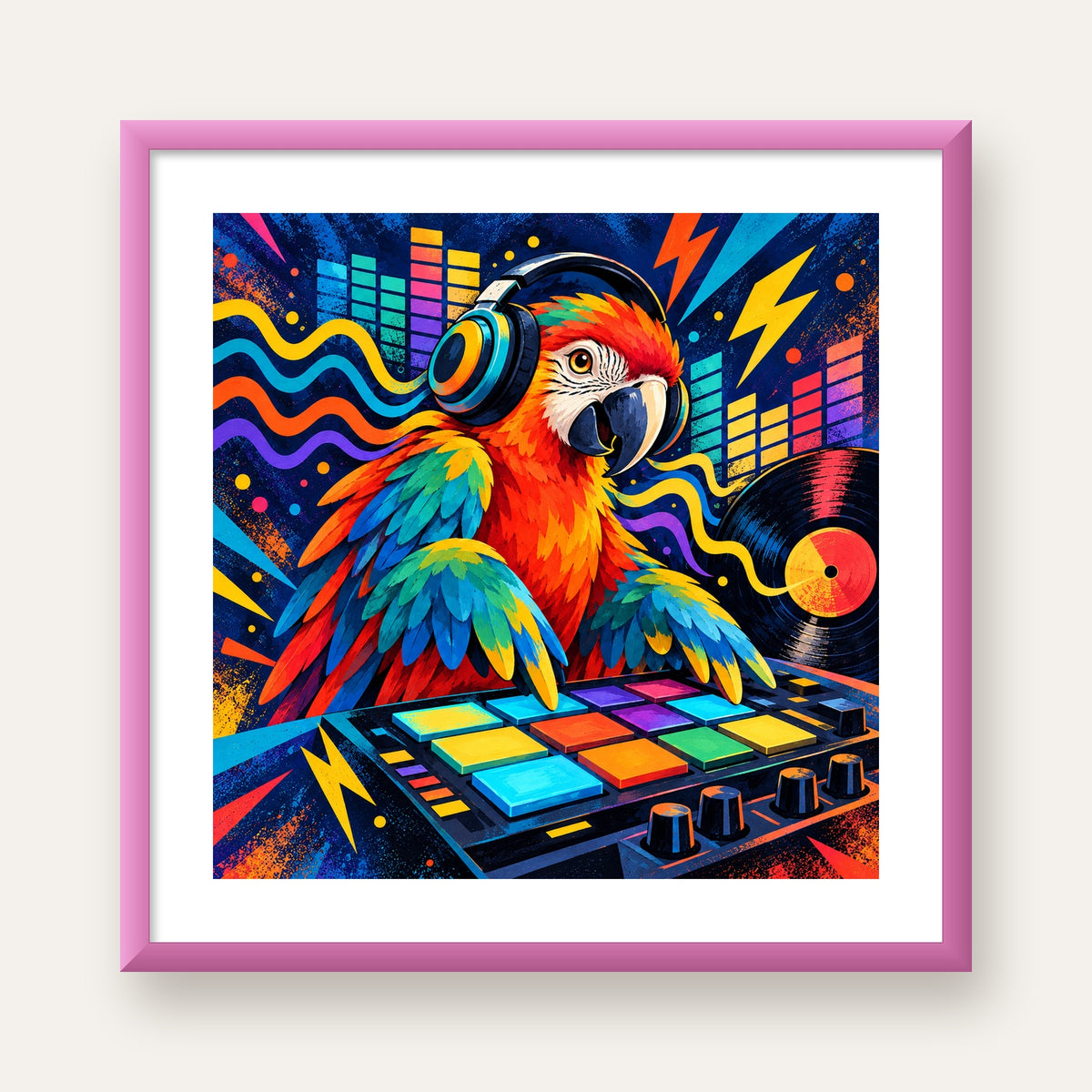 DJ Papağan Renkli Müzik Poster – Dinamik Dijital Sanat — pembe çerçeveli paspartulu