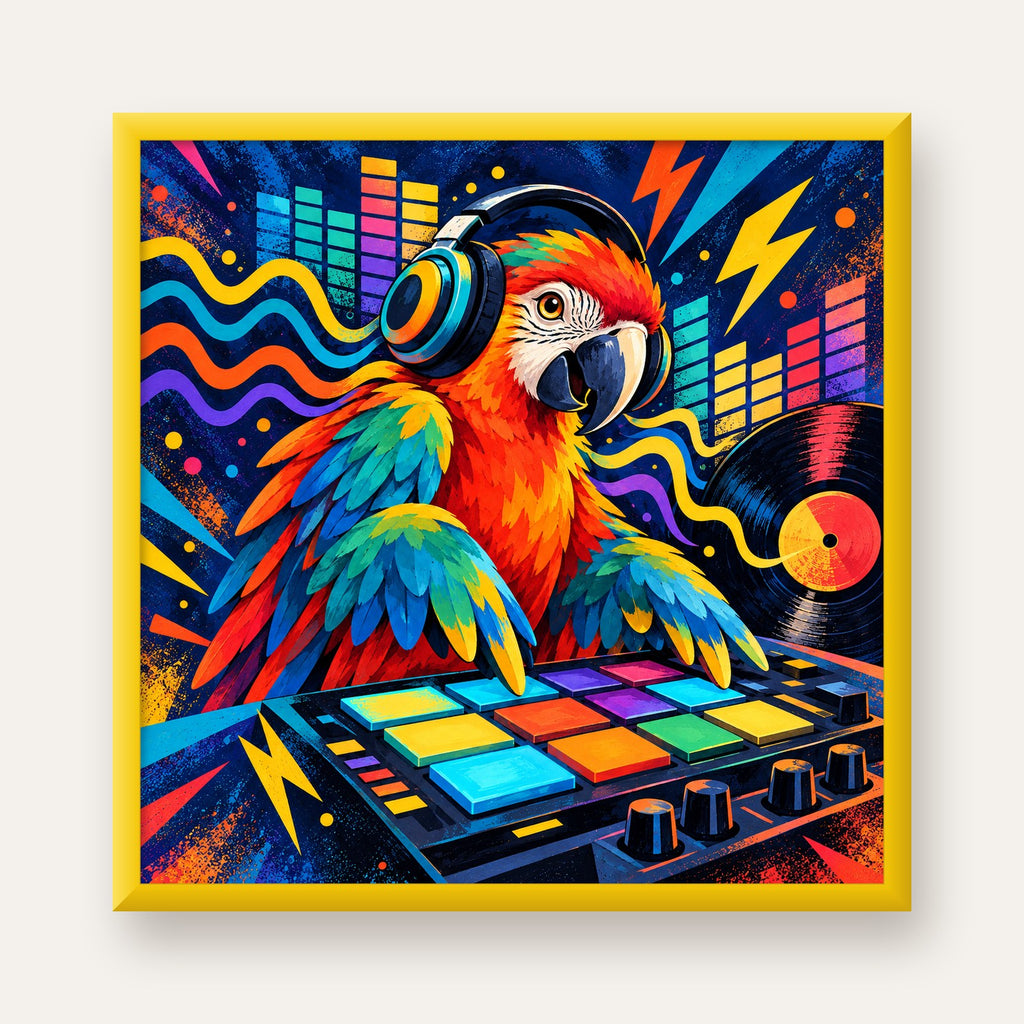DJ Papağan Renkli Müzik Poster – Dinamik Dijital Sanat — sarı çerçeveli
